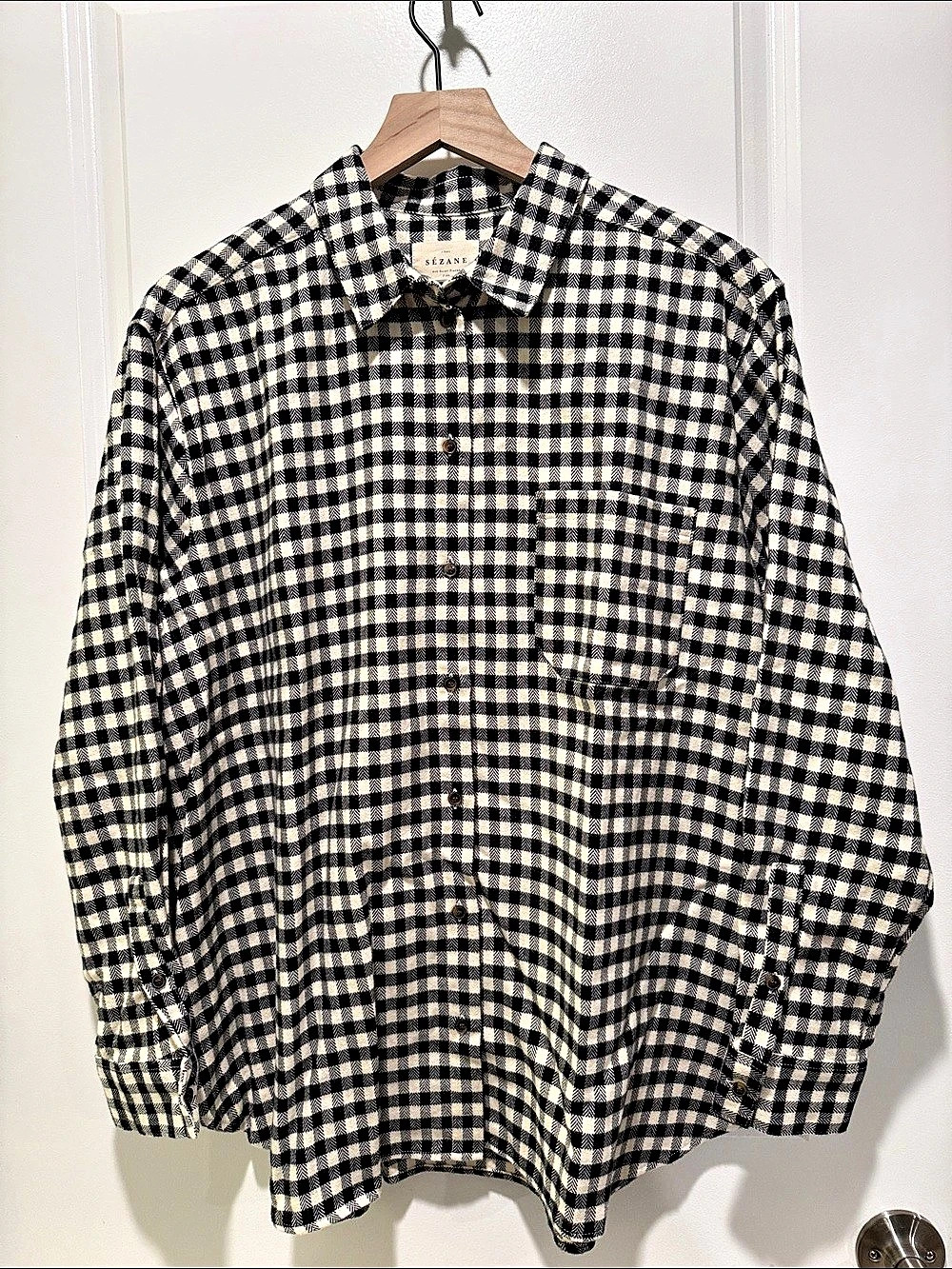 Sézane Chemise Max Gingham Cotton Shirt in Black & Cream Size 44 NWT